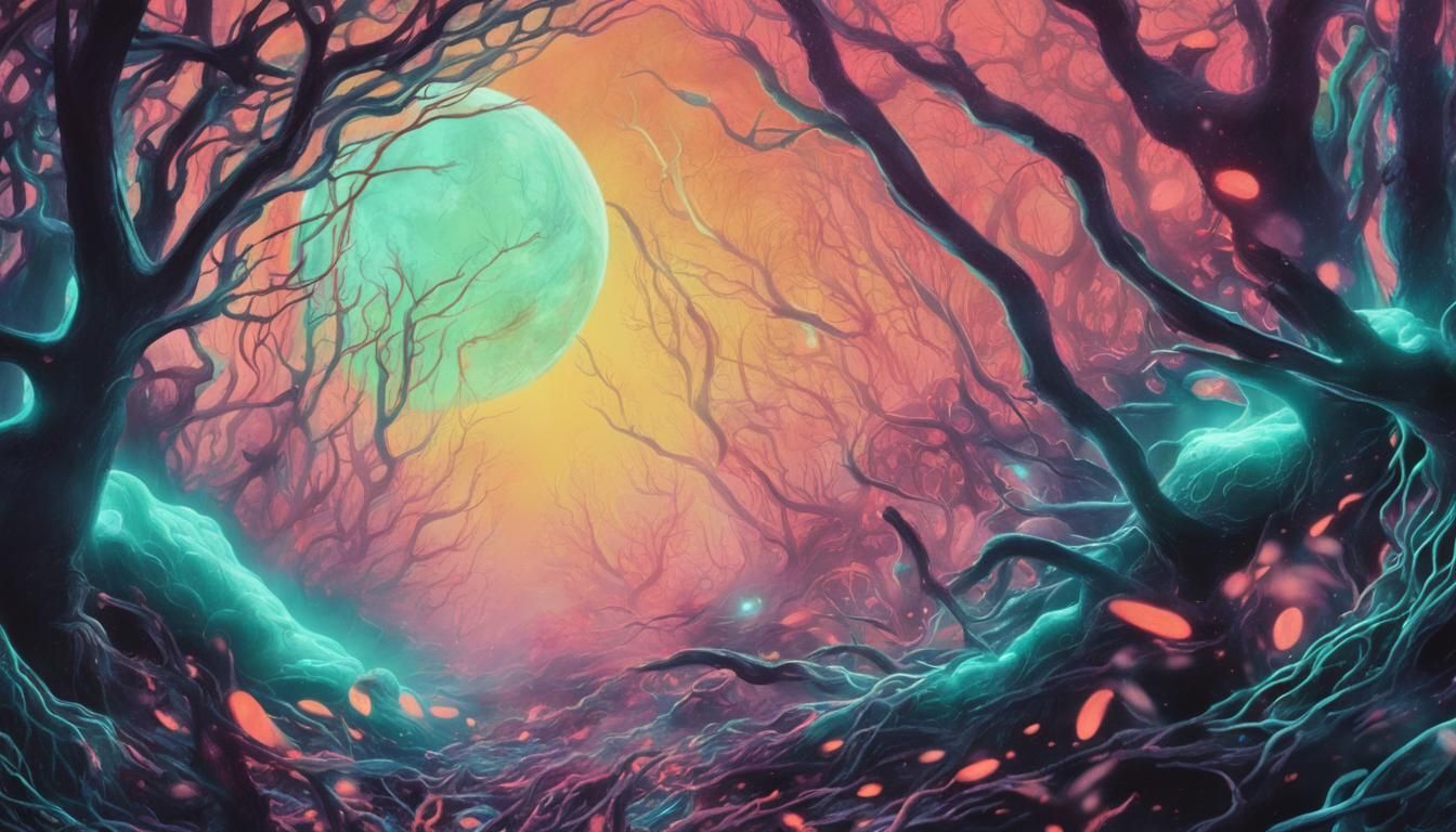 Sci-Fi Bioluminescent Birth in Misty Forest