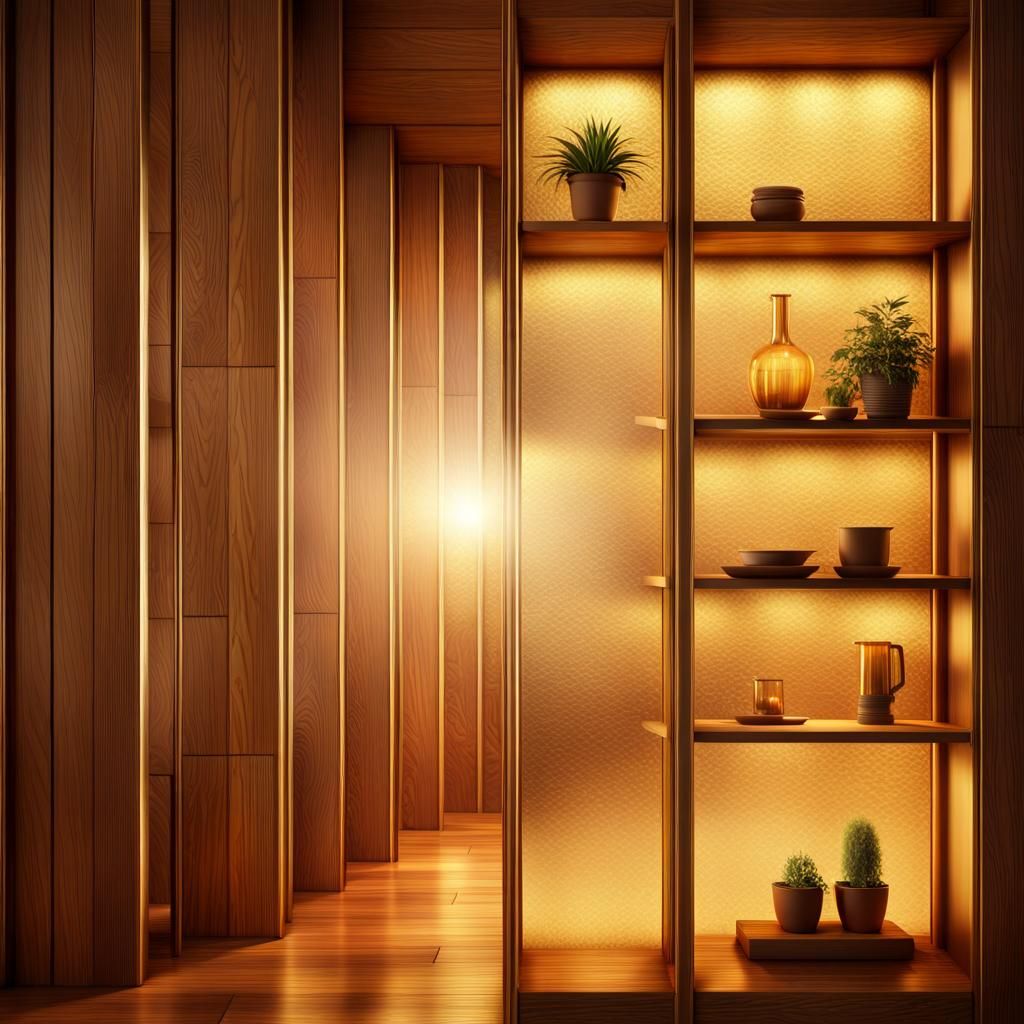 Golden Light on Wooden Shelves: Digital Art