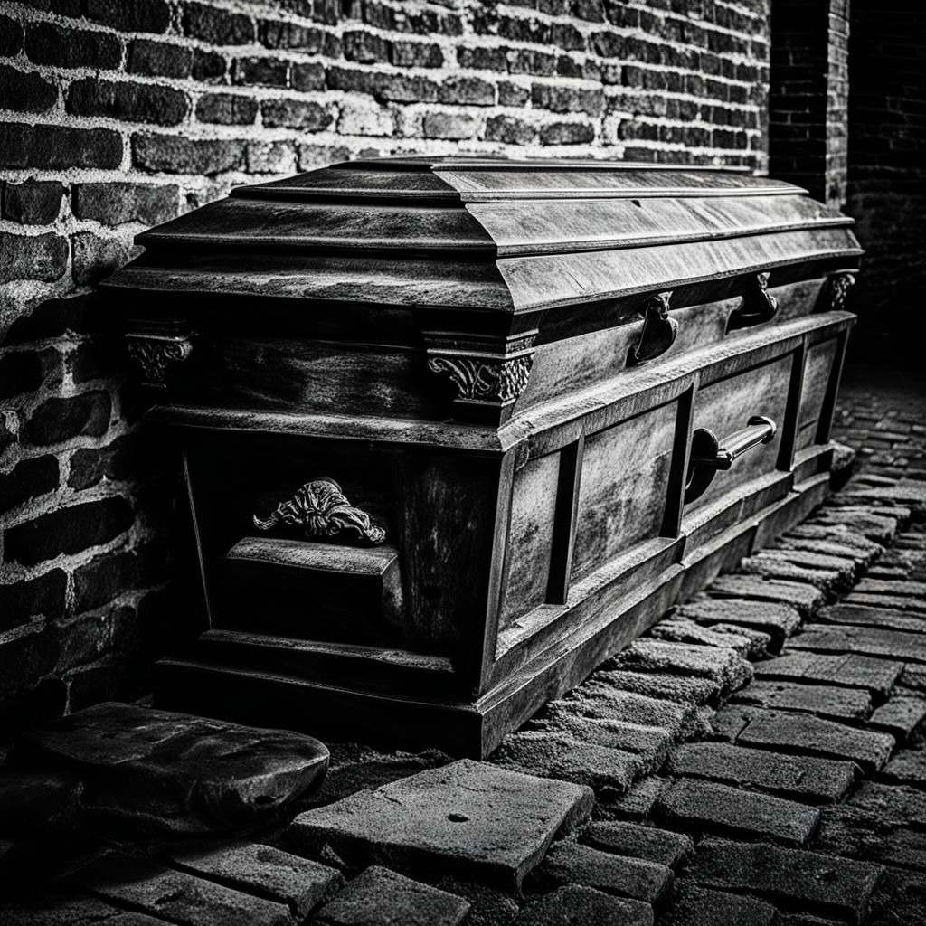 Antique Coffin Against Brick Wall in Black and White
