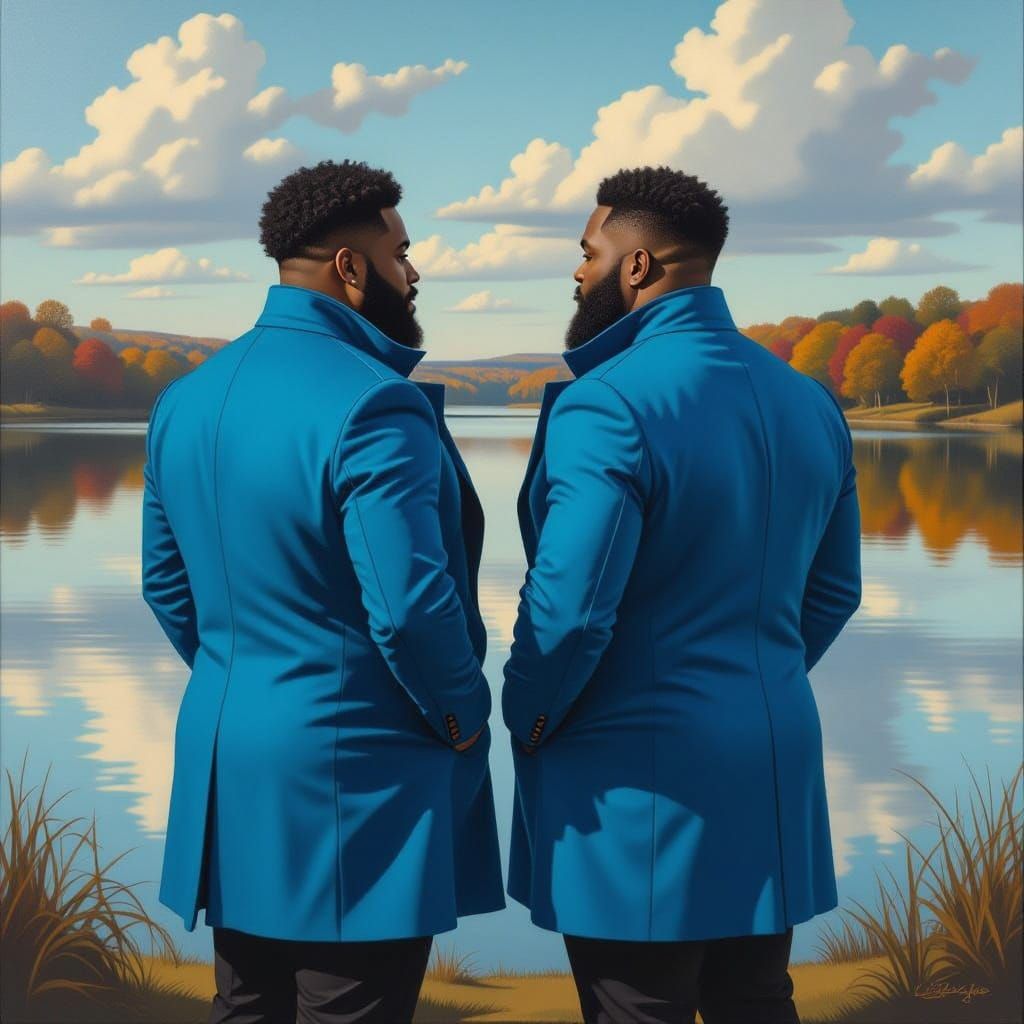 Two Men in Blue Coats Admire Lake Reflection