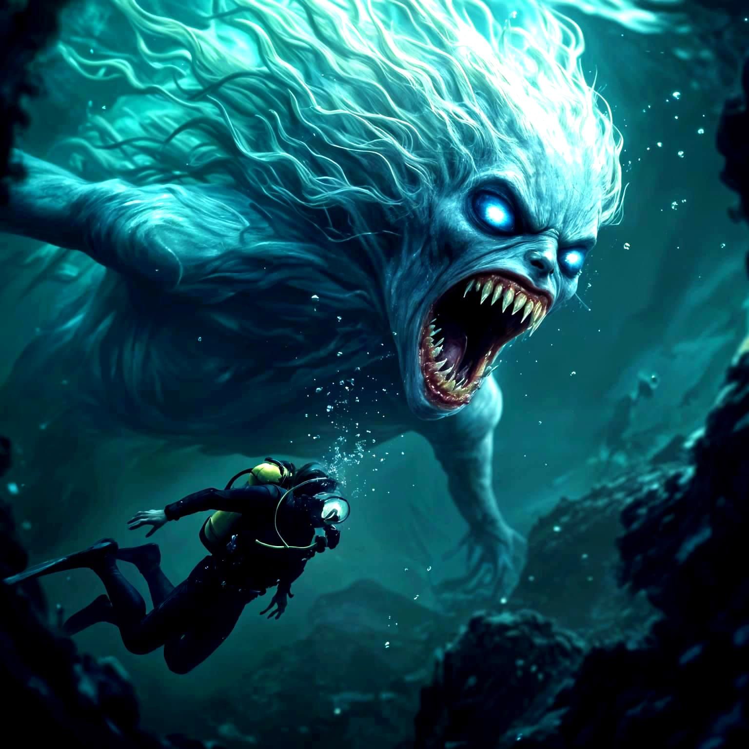 Ethereal Piranha Woman and Scuba Diver, Detailed Matte Paint...