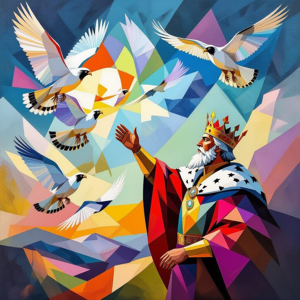 Regal King Releases Hawks and Falcons in Cubist Sky