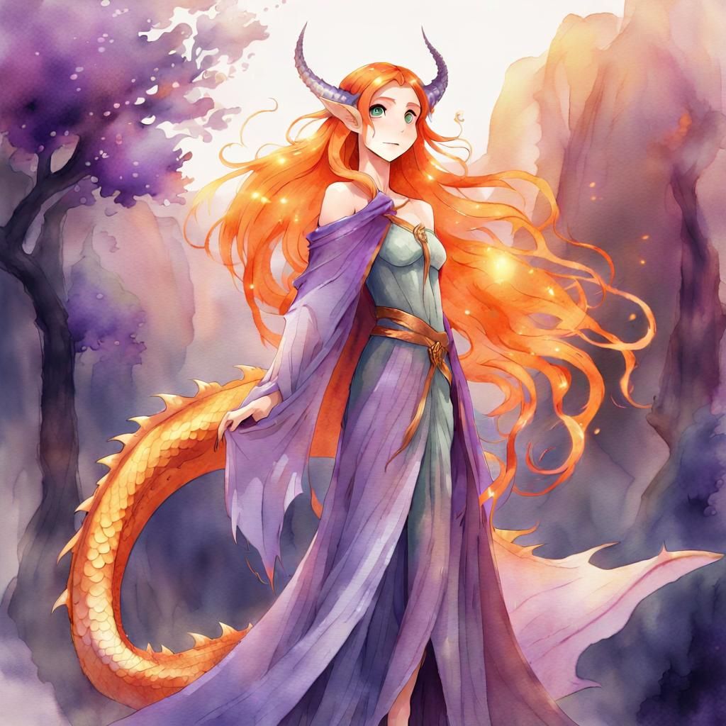 Elven Woman with Dragon Features in Watercolor Style