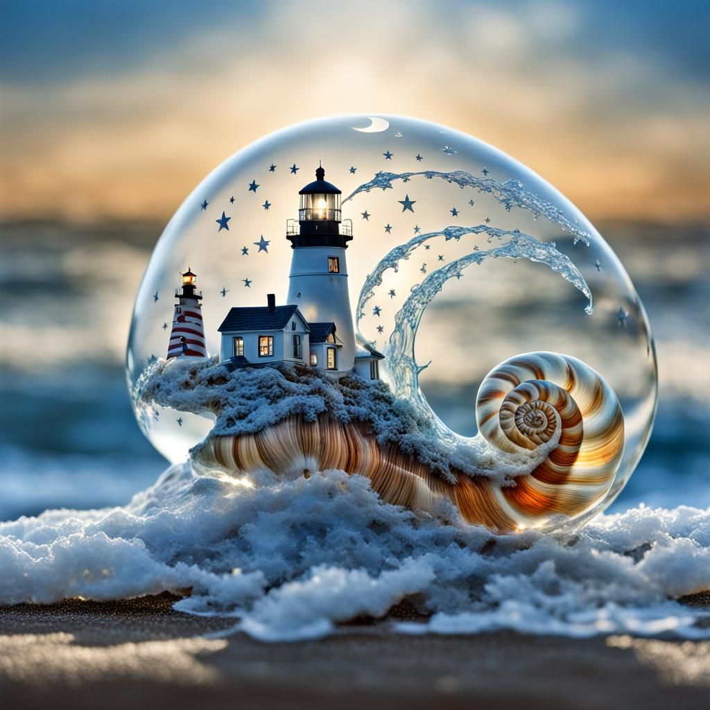 Glass Snail Shell Double Exposure: Ocean, Stars