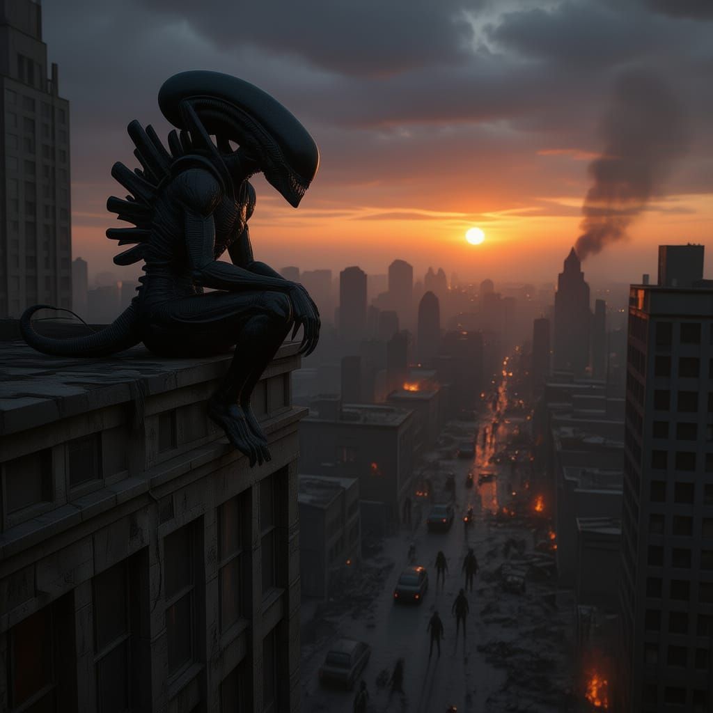 Zenomorph Overlooks Post-Apocalyptic City with Zombies
