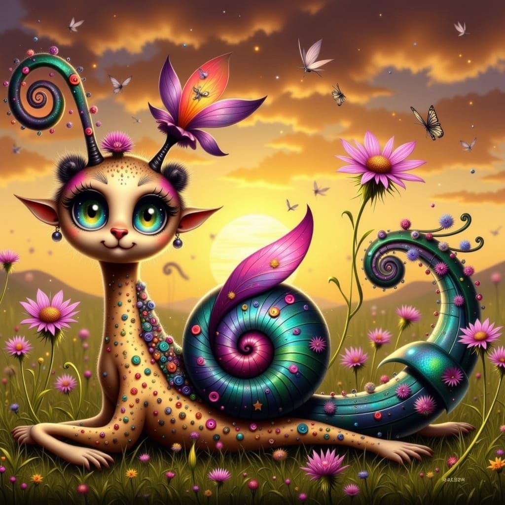 Whimsical Snail-Cheetah Goddess in a Golden Savannah Sunset