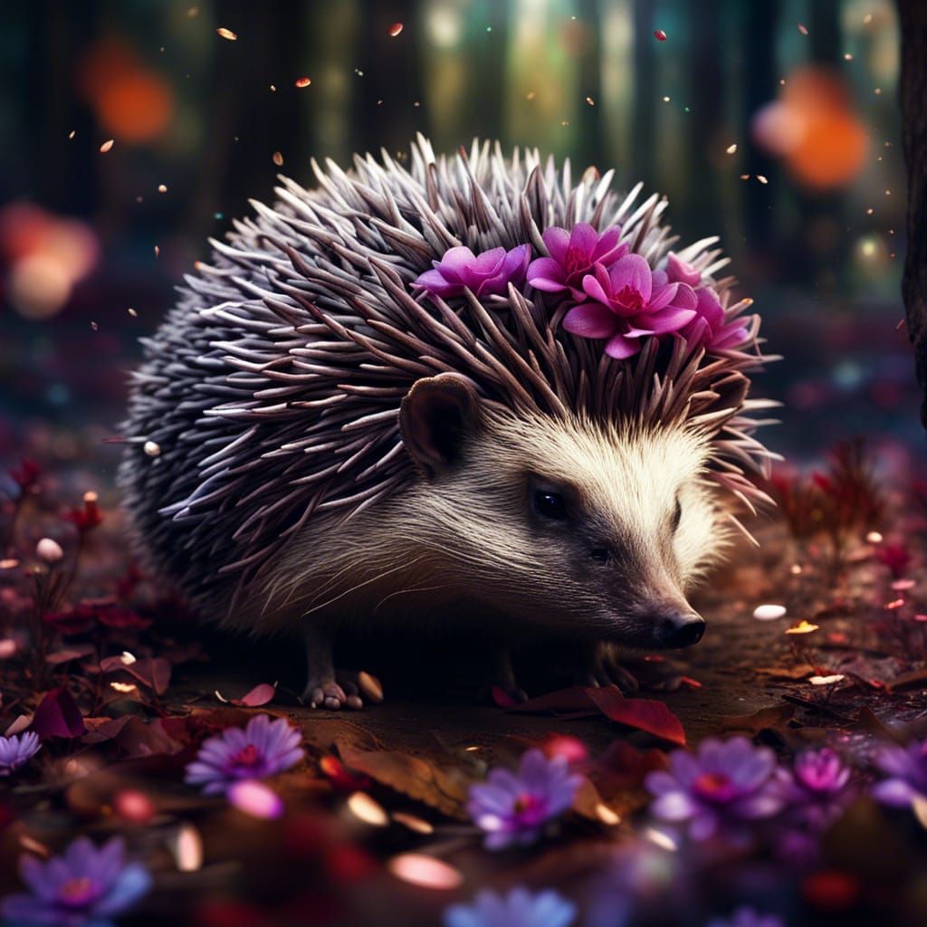 Magical Hedgehog in Forest with Falling Flowers