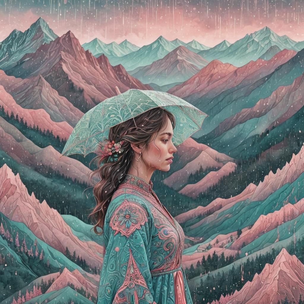 Folk Art Woman in Rainy Mountain Landscape