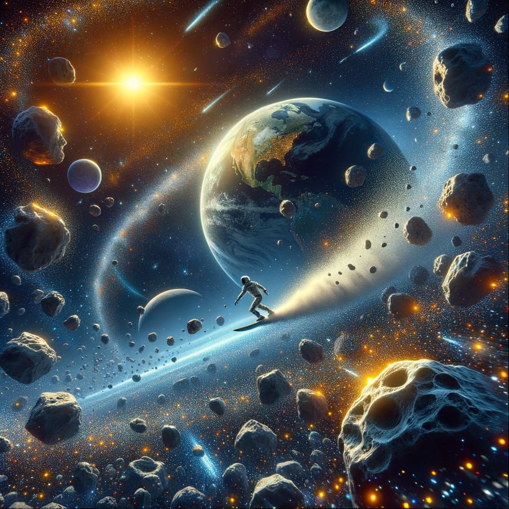 Space Surfer on Asteroids in Starry Night Style