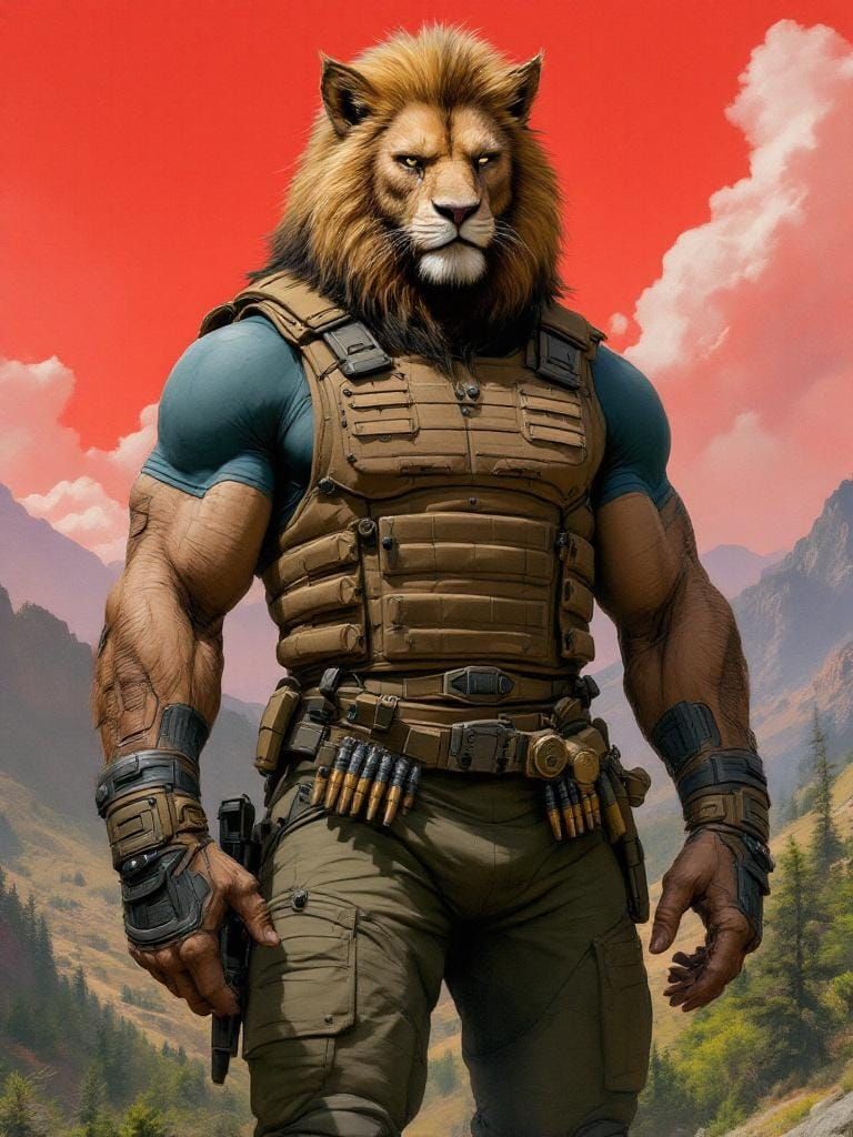 Lion-like Humanoid in Sci-Fi Landscape