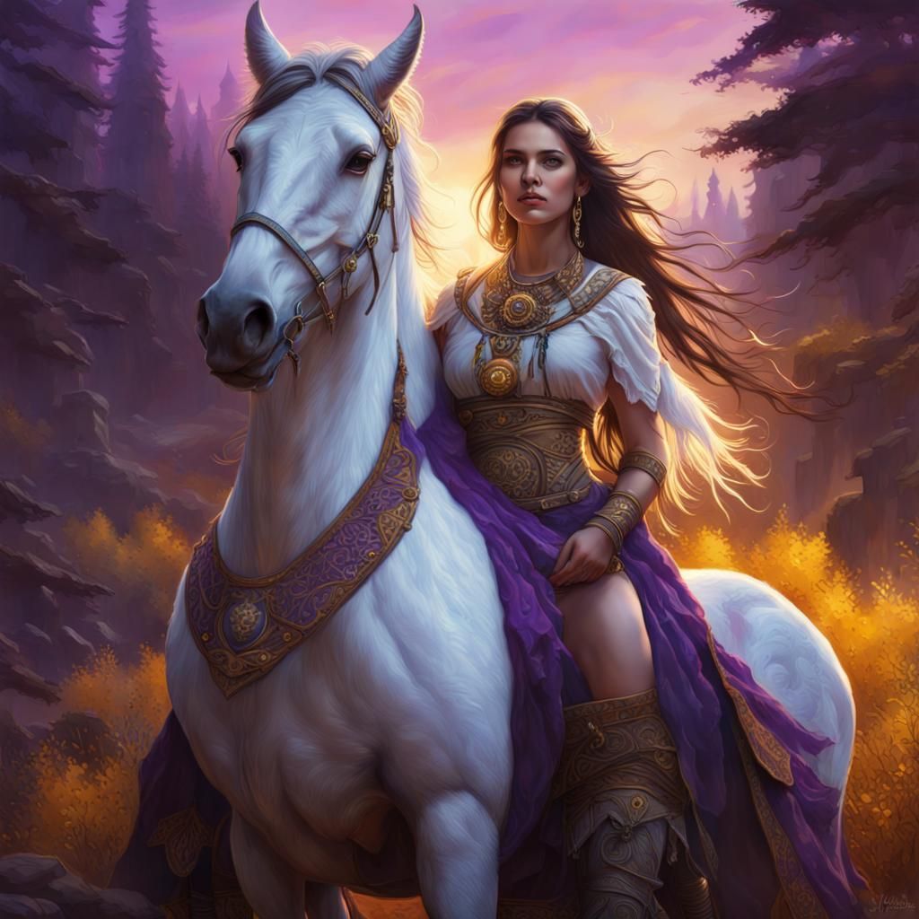 Brunette Woman with White Horse: Dark Fantasy Art