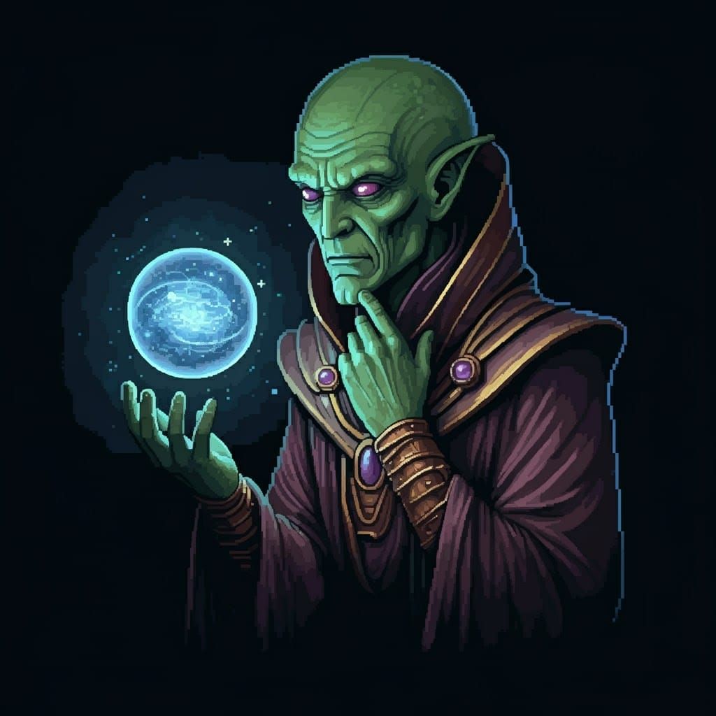 Green Alien Sorcerer Contemplates Pixel Universe
