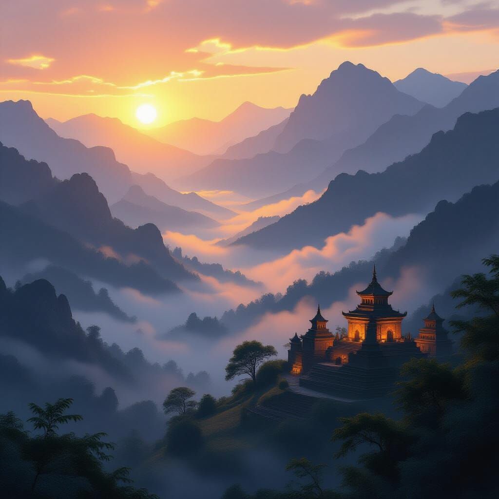 Mist-Shrouded Mountains at Sunrise, Ancient Stonework