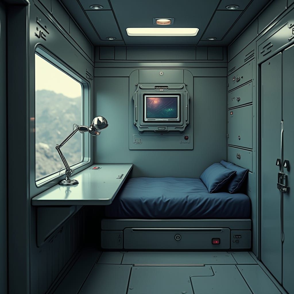 Futuristic Space Station Quarters with Sleek Metallic Decor