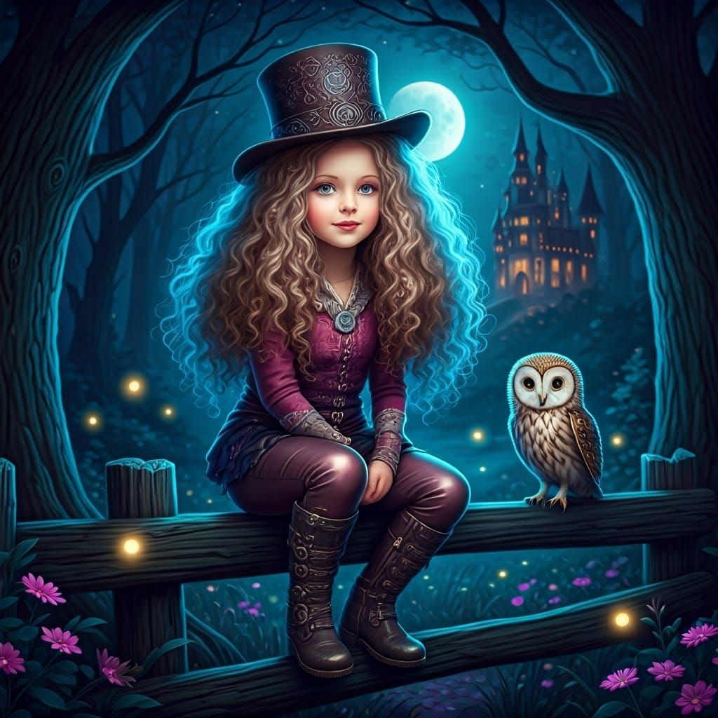 Girl and Owl in Enchanted Moonlit Forest