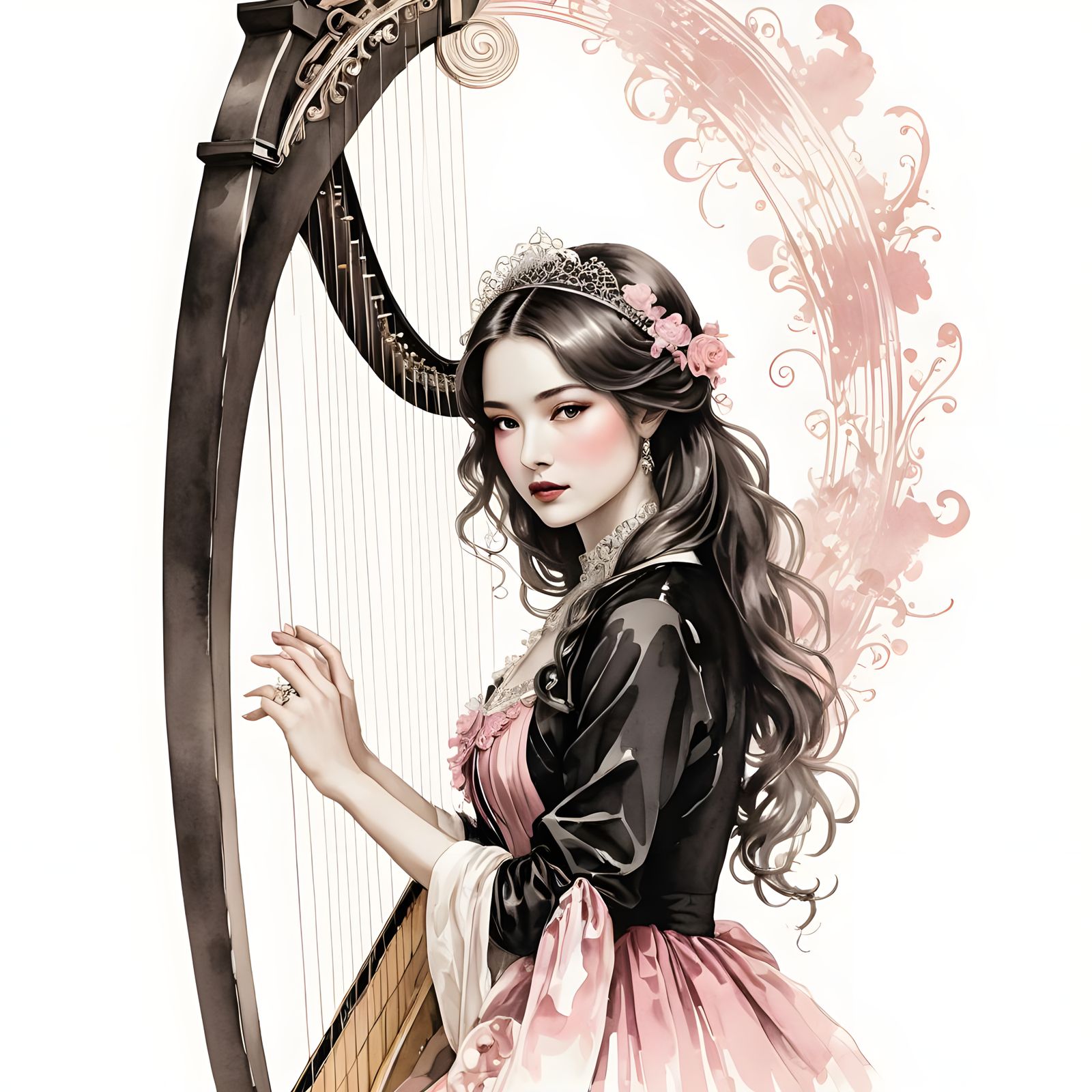 Futuristic Harpist in Victorian Sumi-e Pop Art Style
