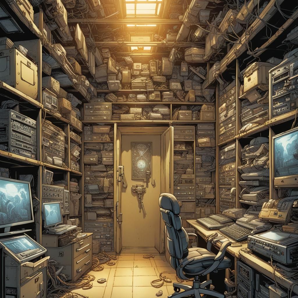 Hacker's Bunker with Legendary Tech in Comic Book Style