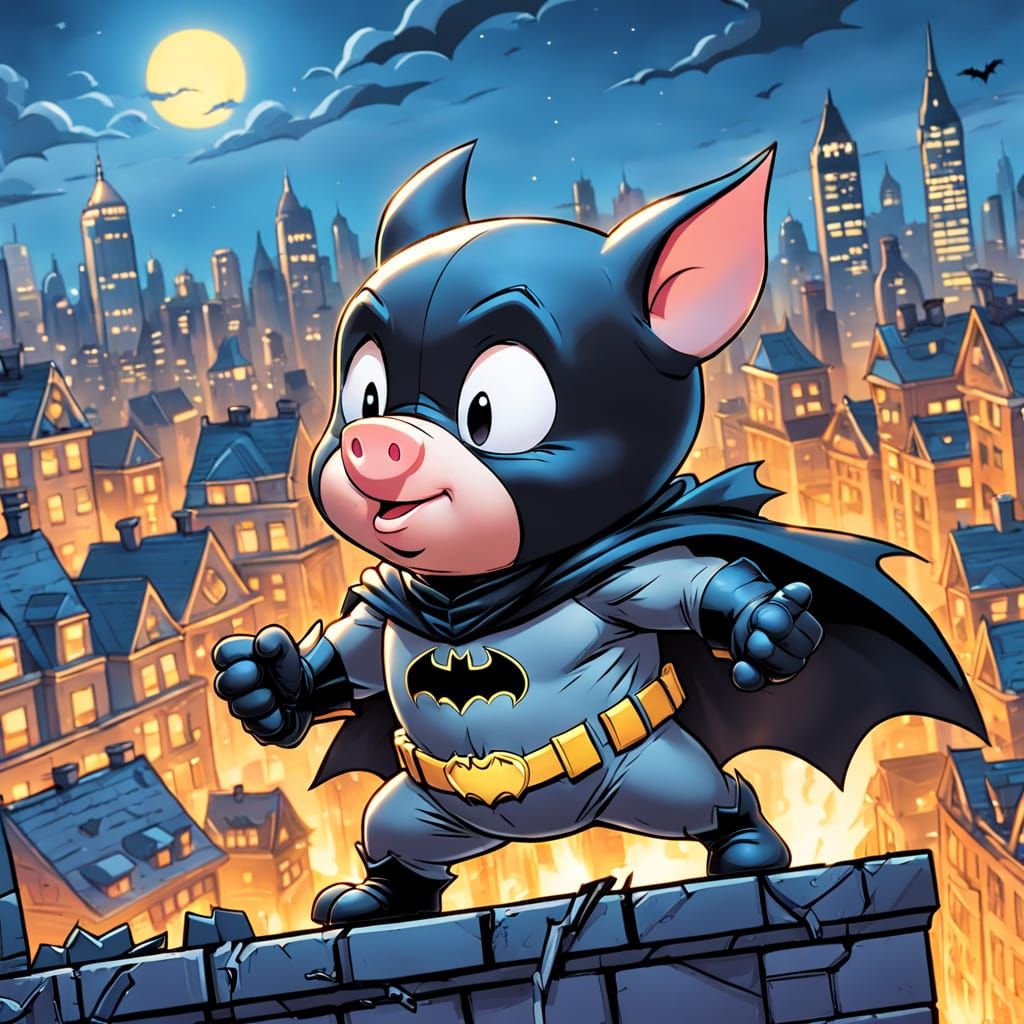 Chibi Porky Pig as Batman in Comic Book Style