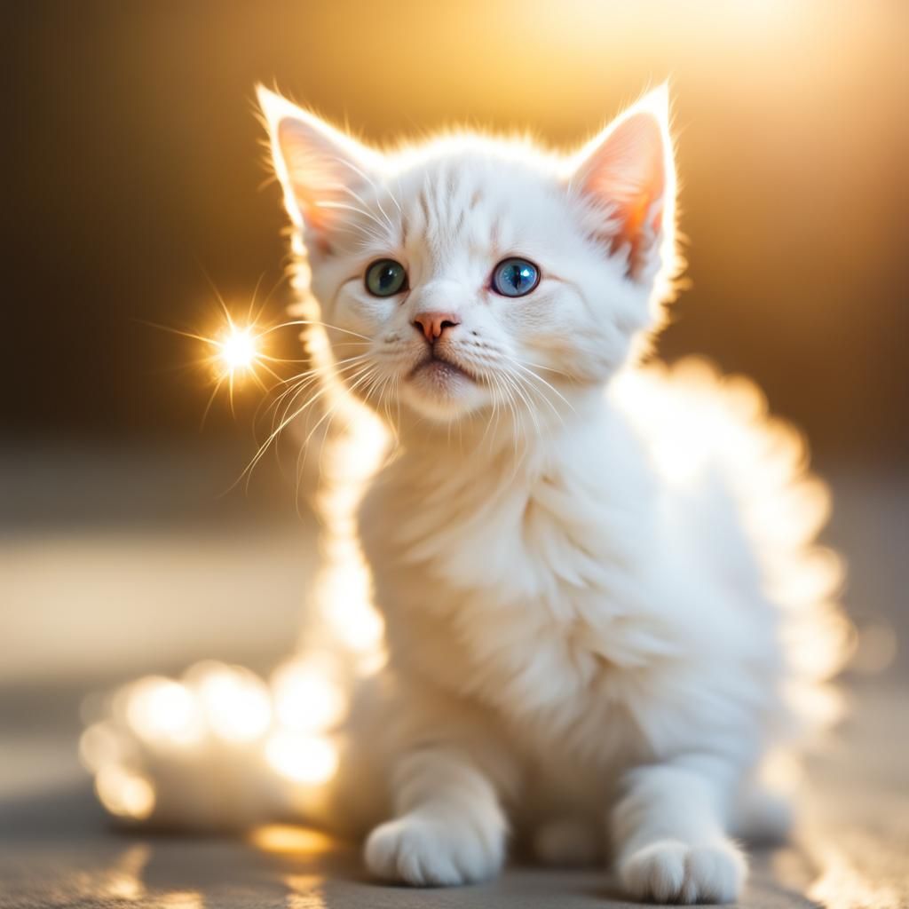 Angelic Kitten with Unicorn Horn and Golden Wings