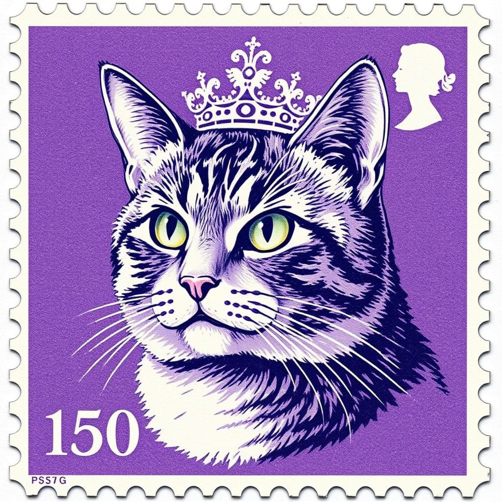 Regal Feline Monarch on Vintage Purple Stamp