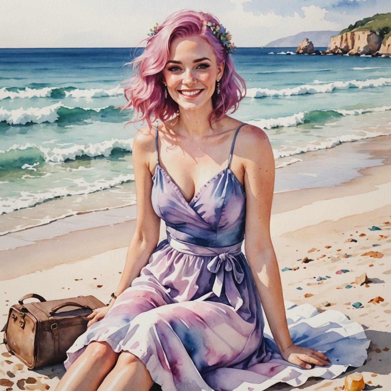 Glamorous Beach Wedding Guest in Watercolor