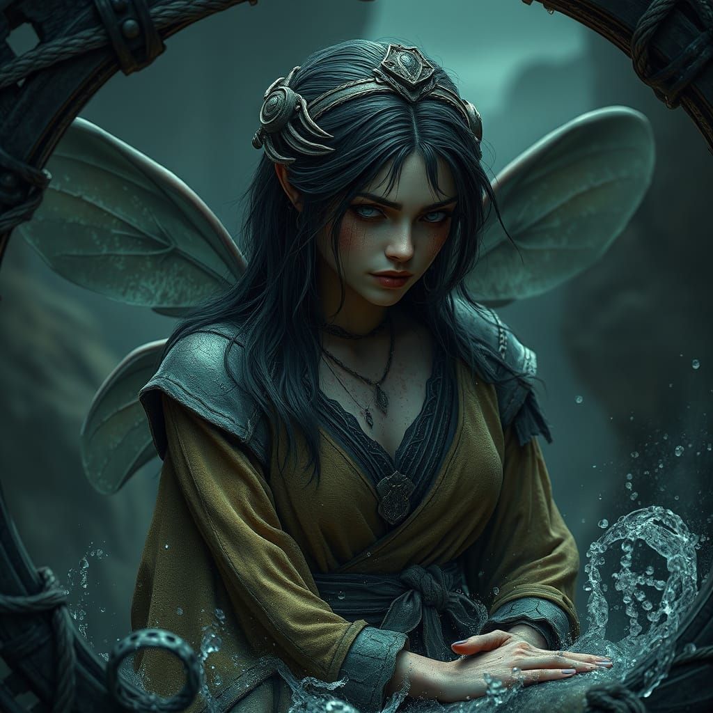 "A female faerie Seer trapped within an Iron circle of bindi...