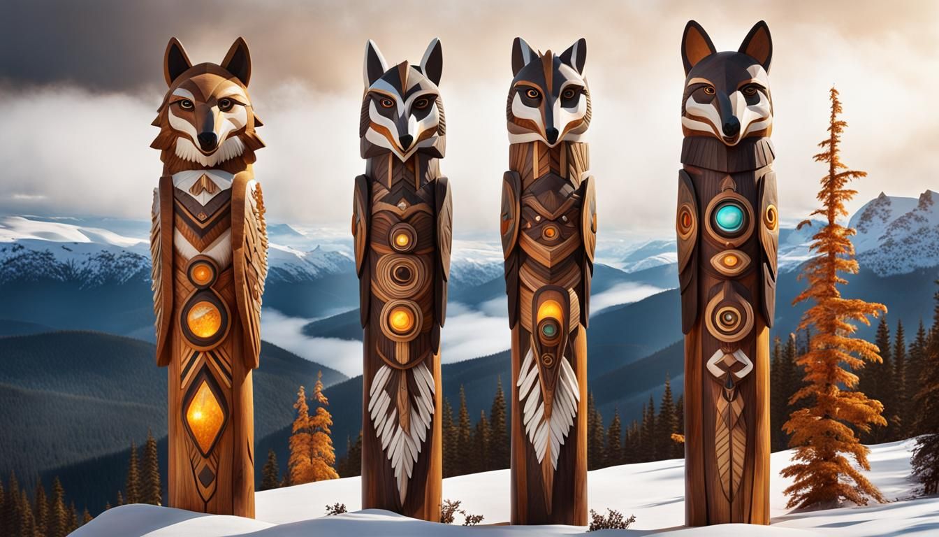 Detailed Totem Poles with Glowing Animal Spirits