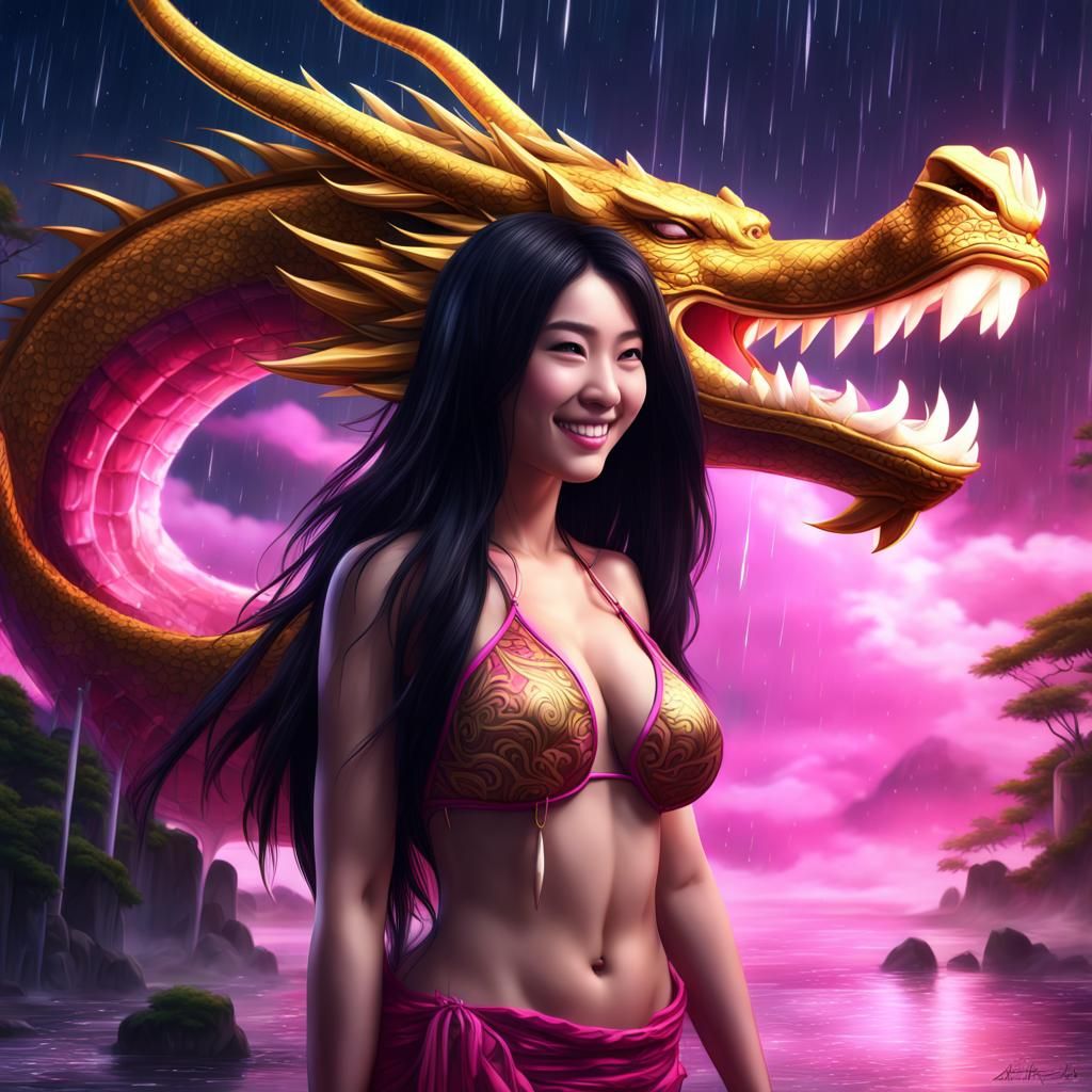 Asian Girl and Dragon in Stormy Starry Night