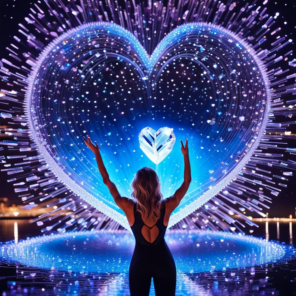 Woman Before Floating Crystal Heart in Starfield