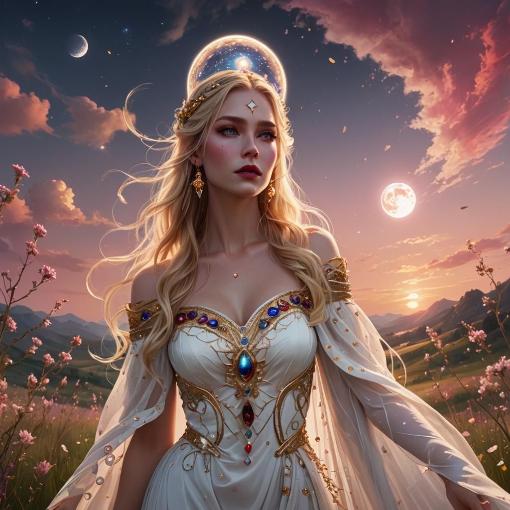 Goddess with Gemstones in Meadow, Fantasy Art