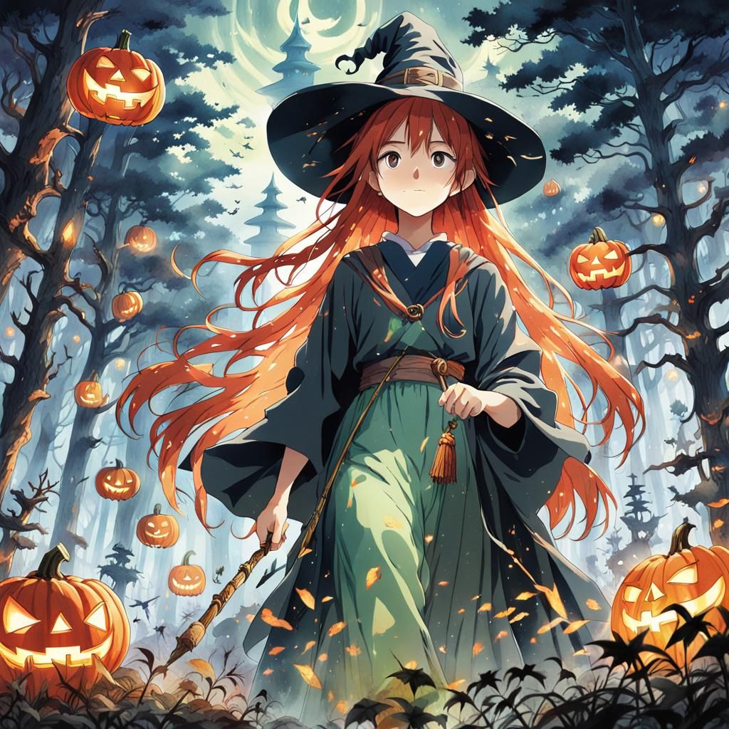 Anime Witch in Spooky Halloween Forest