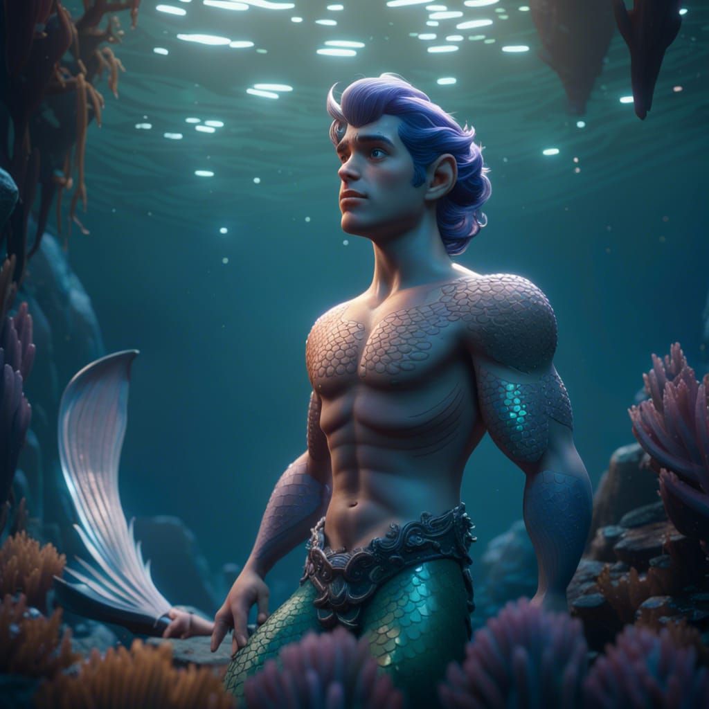 Sad Young Merman in Disney 3D Style