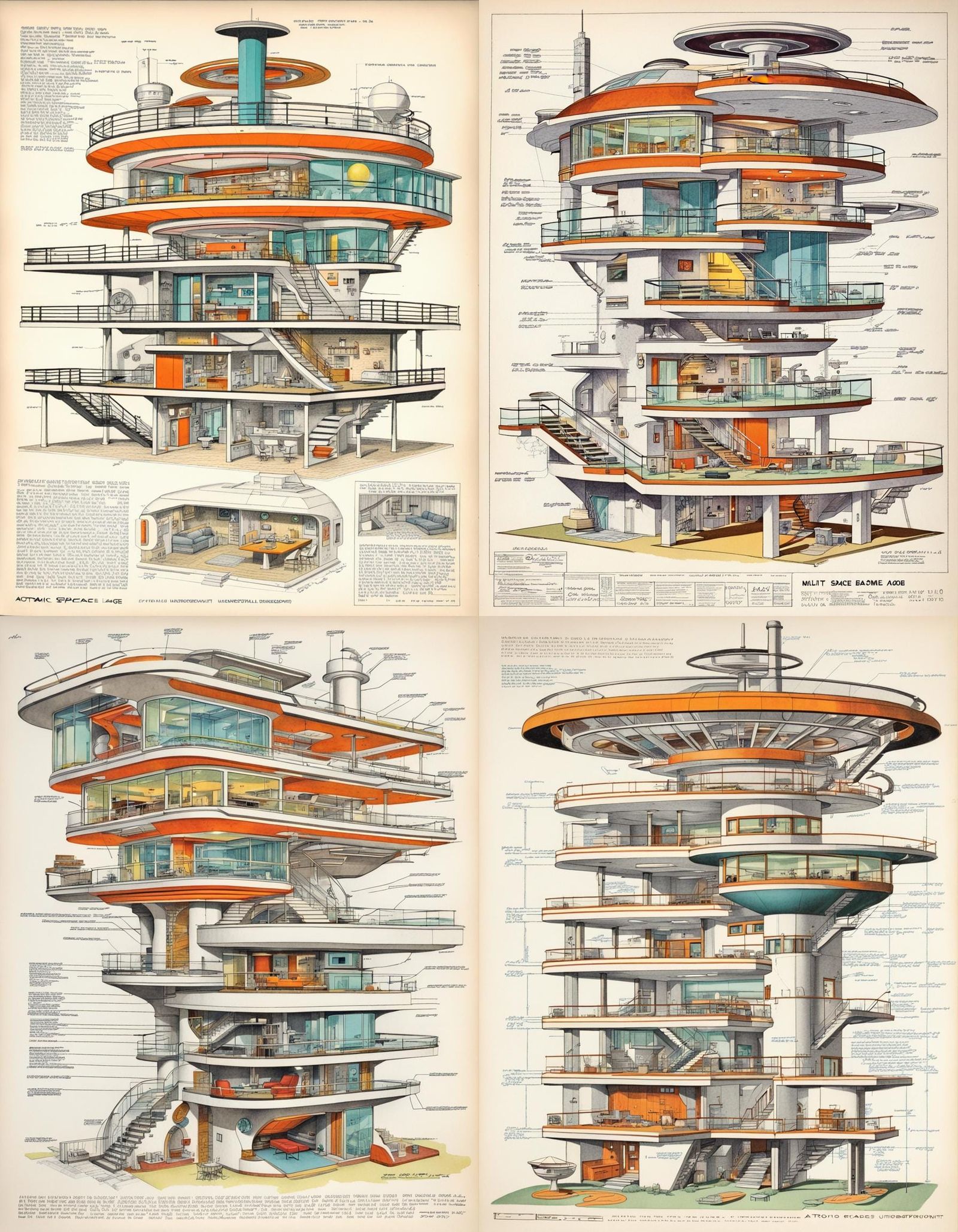 atomic space age underground multi-level home and multi-level basement, full rich color engineering drawing, intricate m...