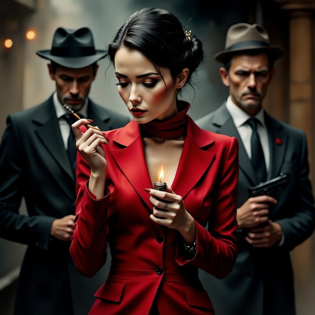Femme Fatale in Crimson Suit, Lighting Cigarette with Intens...