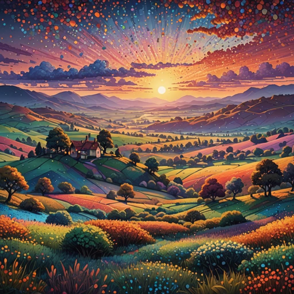 Sunset Countryside in Pointillism Style