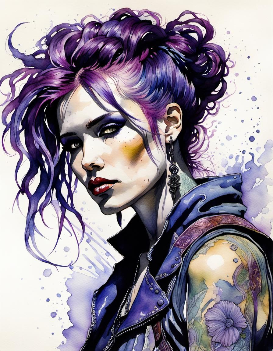 Purple-Haired Punk Girl Watercolor Brush Pen Drawing