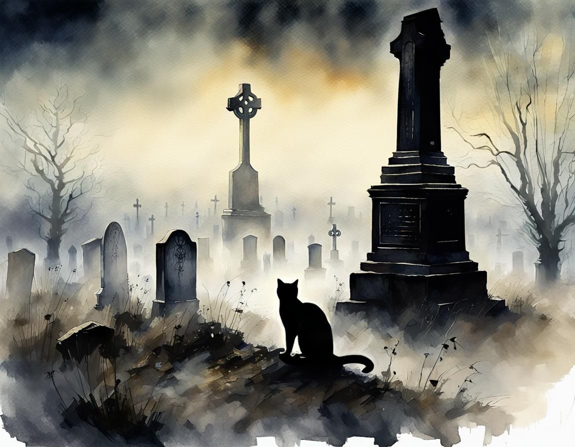 Sinister Feline in Fog-Shrouded Cemetery