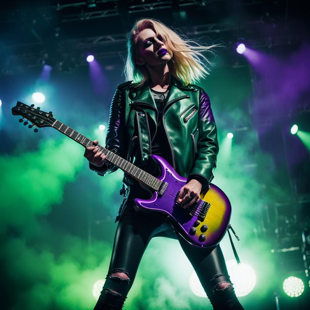 Gothic Blonde Woman Plays Electric Guitar in Portrait