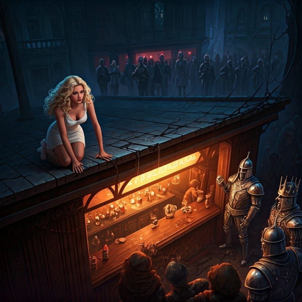 Mysterious Blonde Seeks Refuge on Crumbling Bar Roof in Dark...