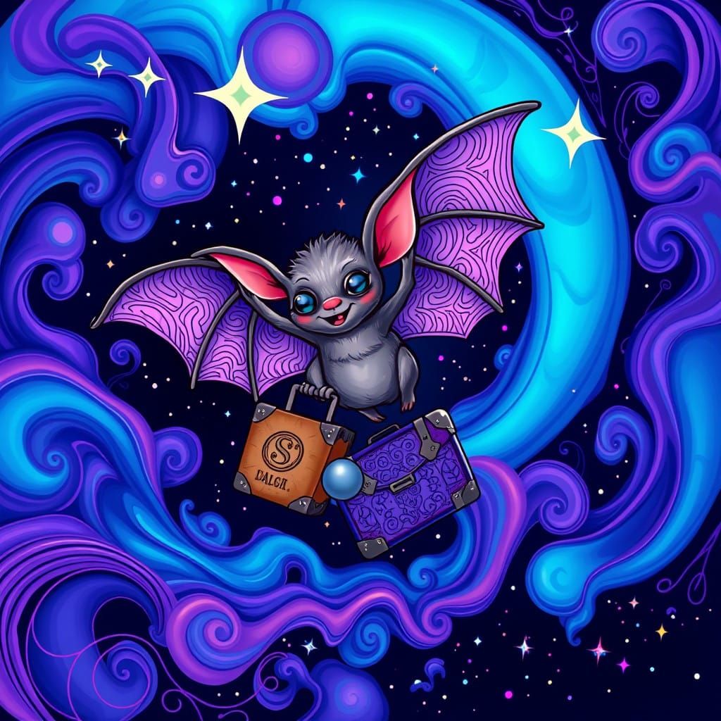 Whimsical Bat Soars Through Vibrant Fractal Night Sky