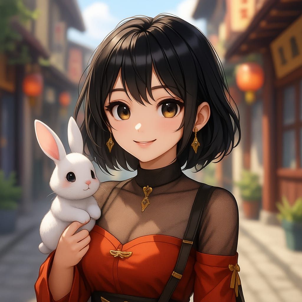 Cute Thai Woman and Rabbit in Bangkok
