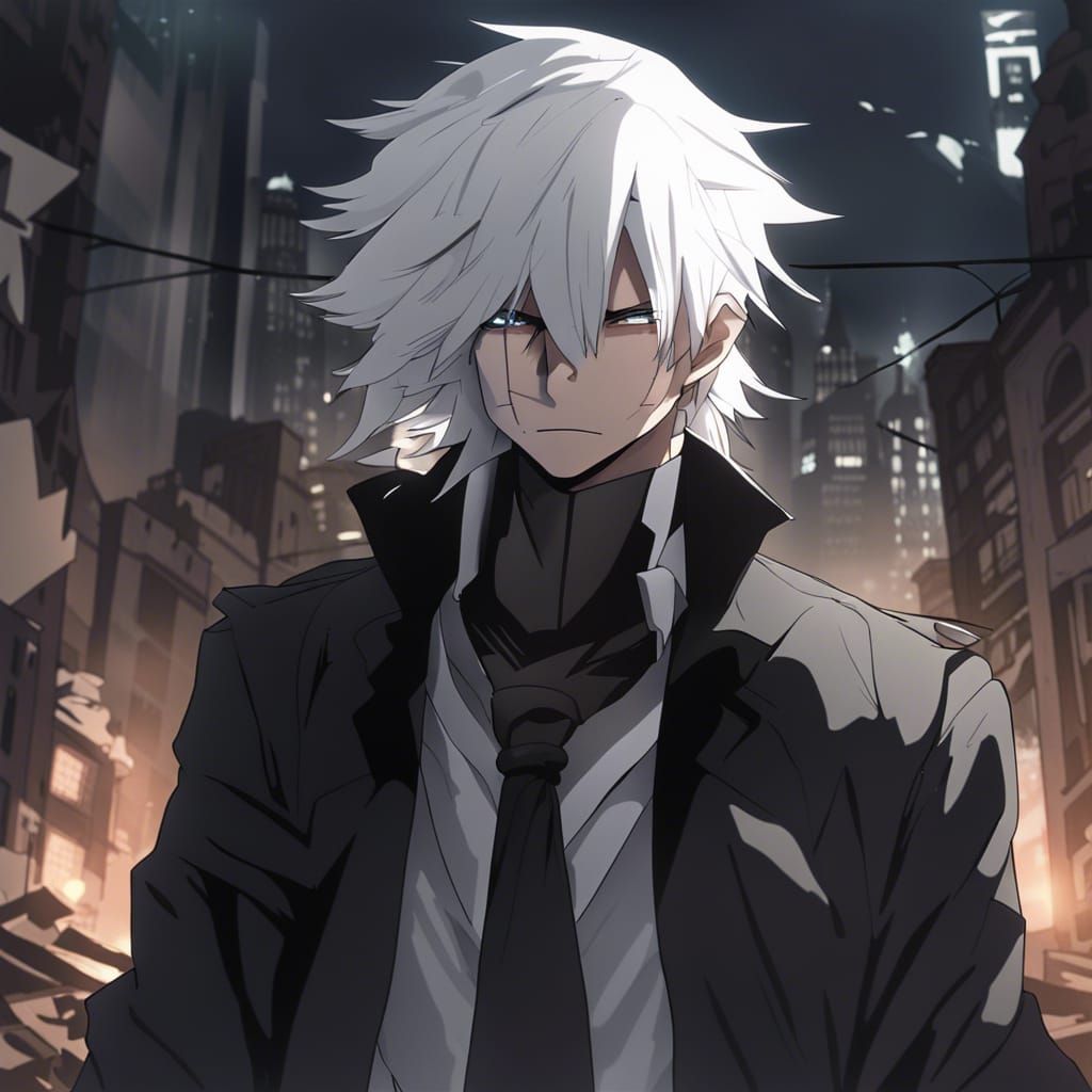 Anime-Style Executioner in Ruined Cityscape