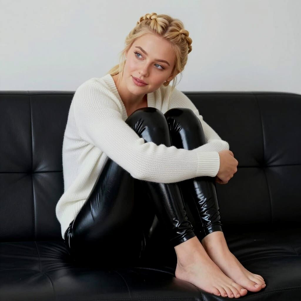 Blonde Woman in Latex Pants on Couch, Lost in Thought