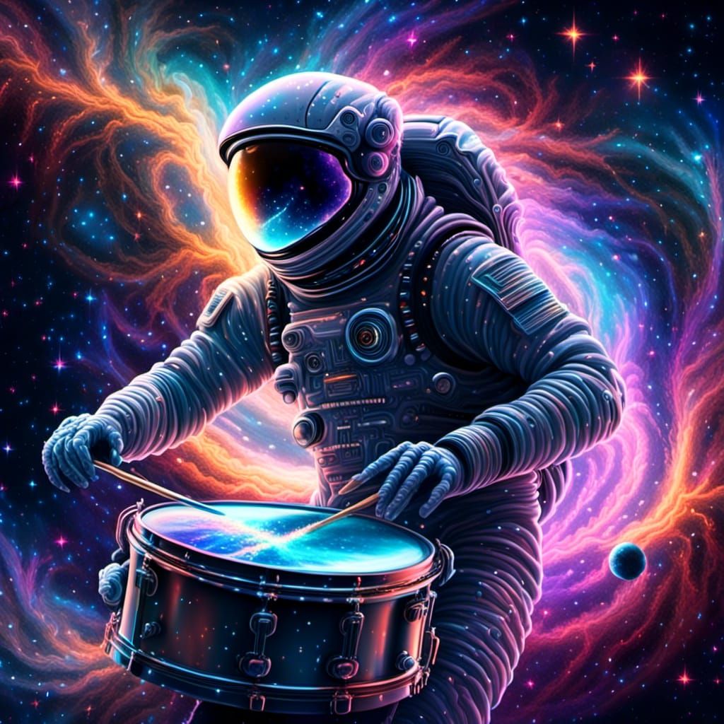 Astronaut Drummer in Space: Detailed Matte Painting
