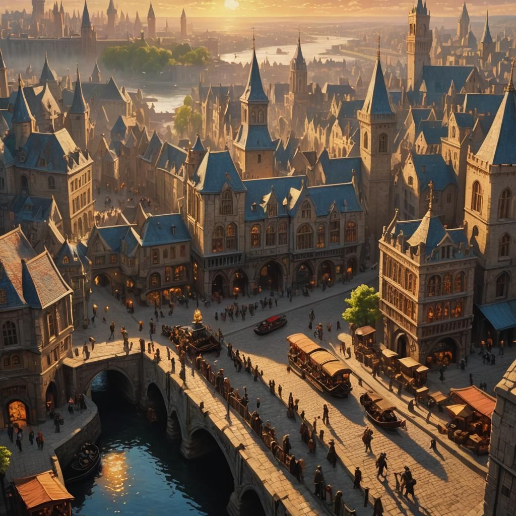 Ankh-Morpork Cityscape at Sunset as Oil Painting