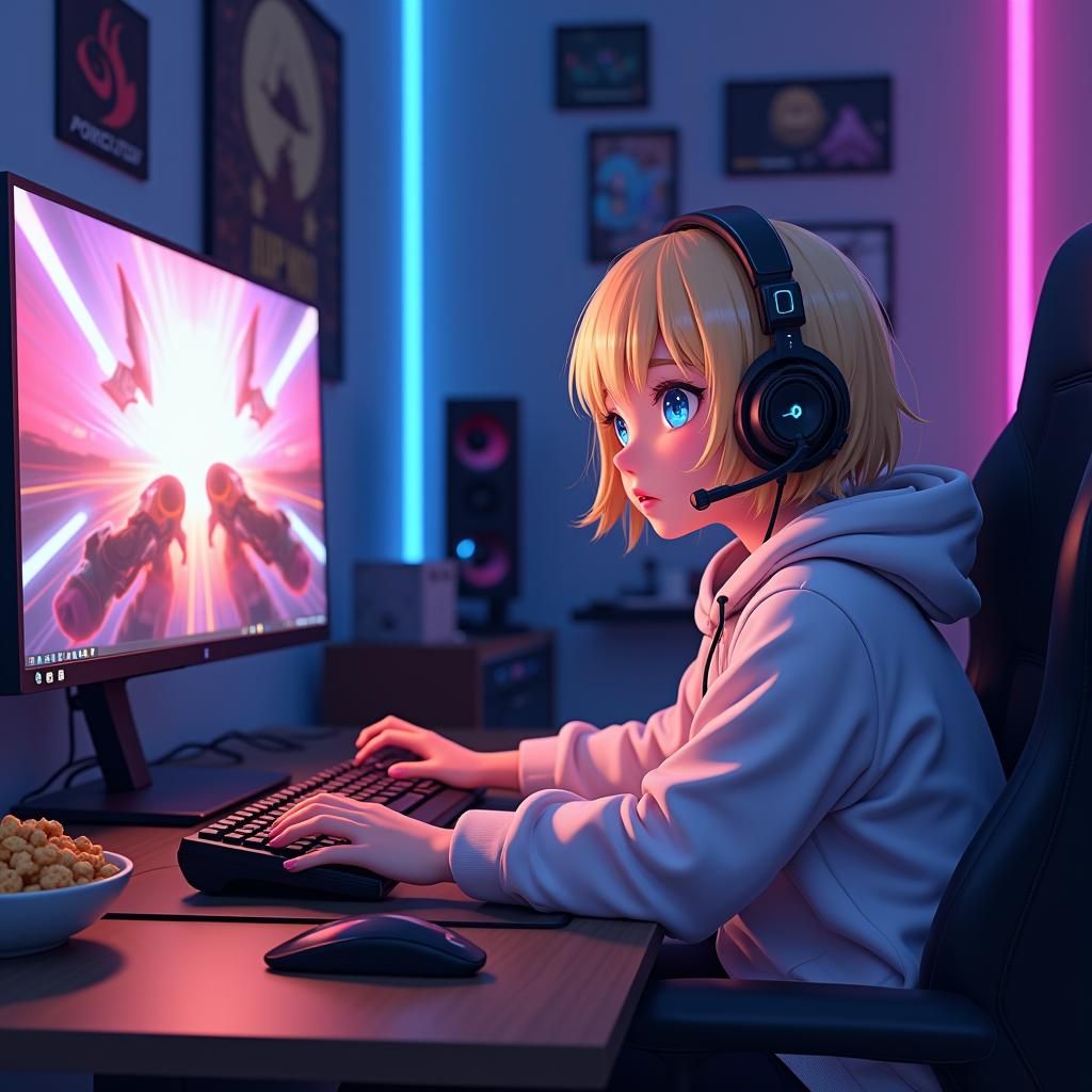 Anime Girl Immersed in Gaming, WLOP and Pixiv Inspired