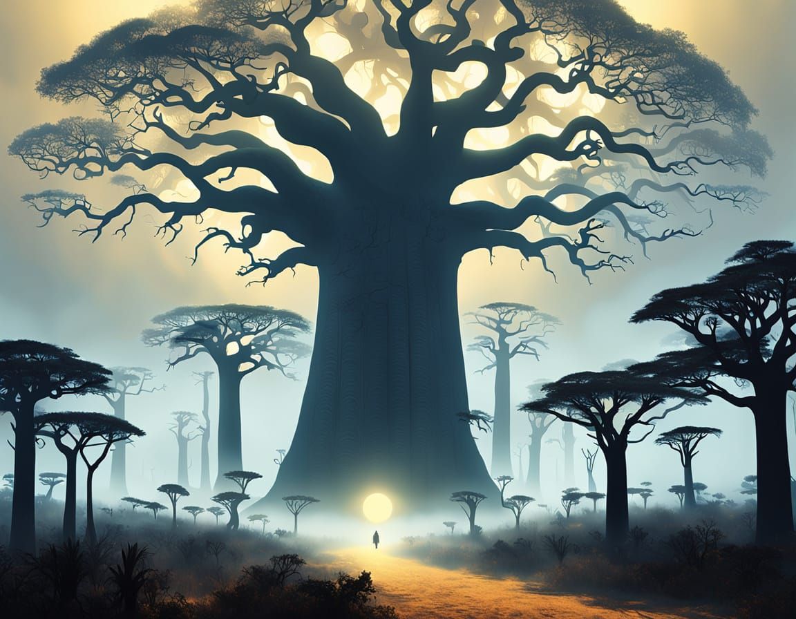 Surreal Baobab Trees Emerge from Golden Fog