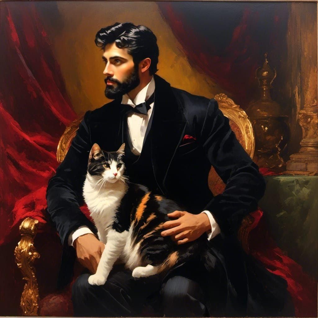 Victorian Man with Cat in Oil Painting Style