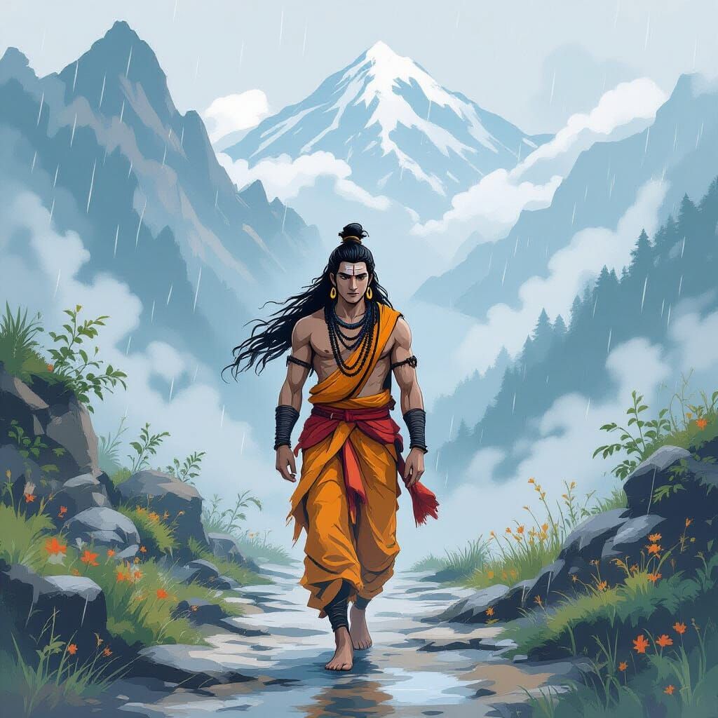 Shiva Walks a Misty Himalayan Path, Ghibli-Style