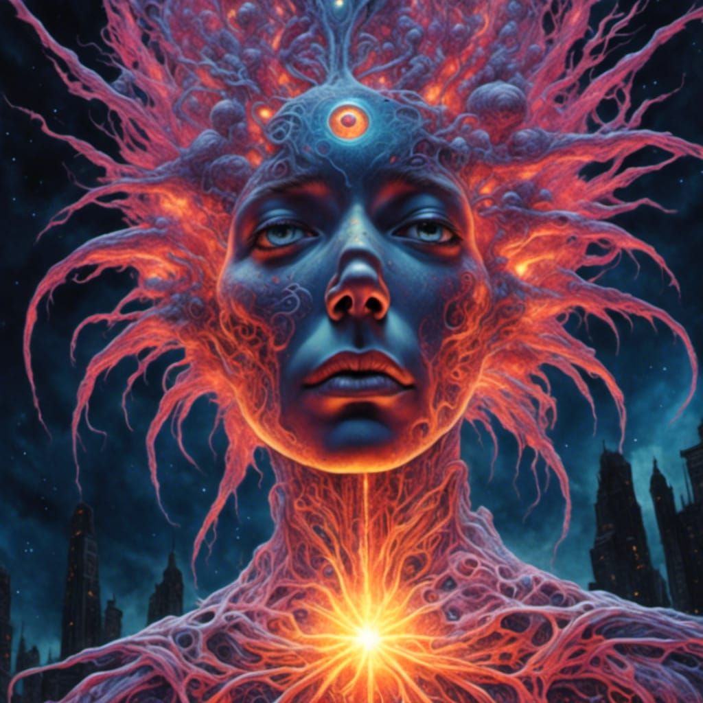 Gigantic Mechanical Face in Flaming Sky: 3D Render